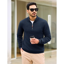 Cotrasen Sweaters for Men Quarter Zip Pullover Business Casual Long Sleeve Mock Neck Polo Dress Sweater Knit Sweatshirt Navy Blue 2XL