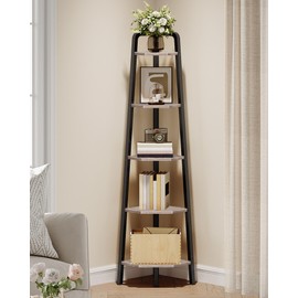 CHOEZON Corner Shelf, 5-Tier Ladder Corner Shelf, Ladder Bookshelf, 59.6" Tall Vertical Display Stand, Metal Frame Bookshelf, for Living Room, Bedroom, Kitchen, Greige and Black TCJ20BG