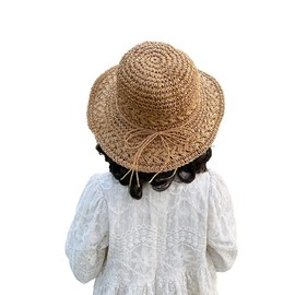 Kids Summer Straw Hat Handmade Bowknot Beach Sun Protection Hats for Girls, A-khaki, Small