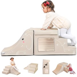 LORAIA® Non-toxic foam climbing blocks for toddlers -Large vegan leather baby climbing blocks - High-end soft play set w/TOP fasteners & baby slide - Climbing toys for toddlers 1-3 inside (Sand/Beige)