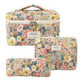 AMZMA Makeup Bag, 3 PCS Quilted Makeup Bag, Cute Floral Cotton Cosmetic Bag set, Coquette Makeup Pouch Large Travel Toiletry Bag