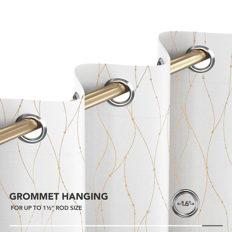 Deconovo Blackout Grommet Gold Pattern Printed Curtains, White, 42W x