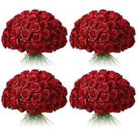 Tifuly - 100 piezas de flores artificiales de rosas rojas a granel, ramo realista de rosas de seda falsa de tallo largo para centro de mesa de boda, jarrones, fiesta, decoración del hogar y cocina