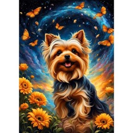 Jawecci Yorkshire Terrier Dog Diamond Painting Kits for Adults Beginners - Sunflower Diamond Art Kits for Adults, 5D Round Full Drill Diamond Painting Butterfly DIY Gifts for Home Decor 30x40cm
