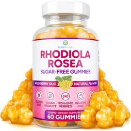 Purify Life Sugar-Free Rhodiola Rosea Gummies (1500mg/Serving) Cortisol Detox & Adrenal Support Supplement - Adaptogenic Rhodiola for Mood, Motivation, Stamina & Performance, Non-GMO, 60 Vegan Chews