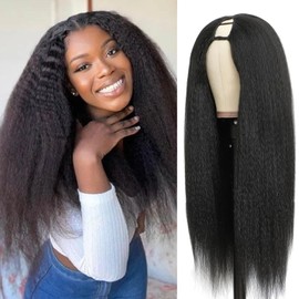 200% Density U Part Human Hair Wigs, Upgrade U Part Wigs With Drawstring No Glues Kinky Straight Human Hair Clip In Half U Shape Wigs For Women, Beginner Friendly,Natural Black Color(16 inch)
