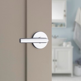 Kwikset Milan Interior Privacy Door Handle with Lock, Door Lever For Bathroom and Bedroom, Polished Chrome Reversible Keyless Push Button Lock Door Lever
