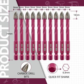 QUEFORET Masonry Drill Bits Set 5/16 Inch (8mm) - 10pcs Carbide Drill Bits for Wood Plastic Masonry Concrete, Wet Drilling Ceramic Tile Marble, Quick Change Hex Shank