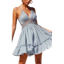 ECOWISH Womens Summer Dresses V-Neck Spaghetti Strap Bowknot Backless Sleeveless Lace Mini Swing Skater Dress Light Blue Large