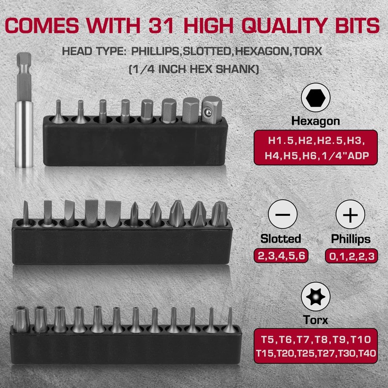 Hakkin 33PCS Ratchet Wrench Screwdriver Set 1/4“ Hex Shank Magnetic