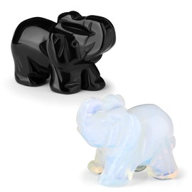 DUQGUHO 2 Pcs Crystal Elephant Decor Natural Black Obsidian Opal Elephant Crystal Statue Stones Cute Crystal Desk Decor Elephant Figurine Gifts for Women Men 1.5"