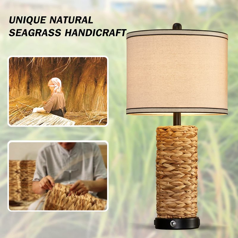 GyroVu Rattan Table Lamp Set of 2, Wicker Lamps, Dimmable