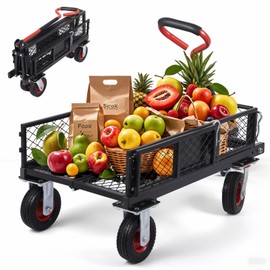 360 Lbs Steel Garden Folding Wagon Cart Heavy Duty with 180° Rotating Handle and Removable Sides, Foldable Yard Carts and Wagons, Dump Utility Carts 6 in All Terrain Wheels