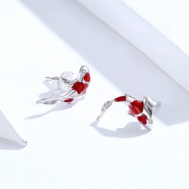 Qings Koi Fish Red Carp Stud Earrings for Women and Girls Exquisite 925 Sterling Silver Platinum Plated Inlaid with Shining Zircon