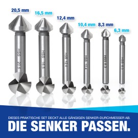 NTG Countersink Set, 6.3 - 20.5 mm, 6 Pieces, 90° HSS Steel, Countersink and Deburring for Wood, Metal and Plastic, Includes Storage Box, Precise and Careful Work