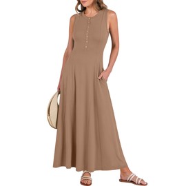 ANRABESS Women Summer Casual Sleeveless Maxi Sundress Button Fit & Flare A-Line Flowy Long Dresses 2024 Beach Outfits Brown Medium