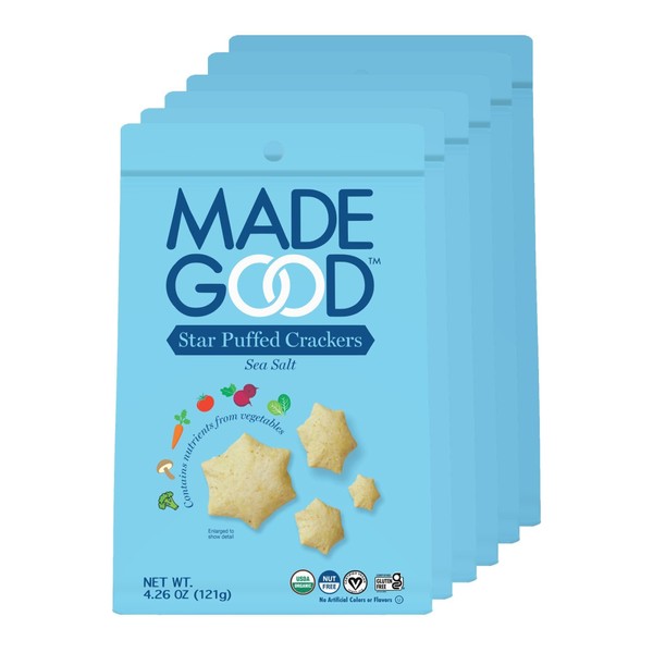 MadeGood Star Puffed Crackers, Sea Salt, 6 Bags (4.26oz Each) Gluten Free Crackers