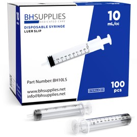 BH Supplies 10ml Luer Slip Tip Syringes (No Needle) - Sterile, Individually Wrapped - 100 Syringes