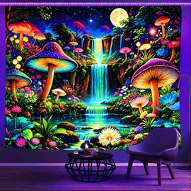 Ine Ive Blacklight Fantasy Mushroom Forest Tapestry Aesthetic UV Reactive Waterfall Tapestries 60x51Inch Moon Night Wildflower Plant Landscape Black Light Poster Wall Hanging for Bedroom Home Decor