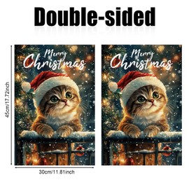 Cat Christmas Garden Flag, 18x12in Double Sided Merry Christmas Garden Flag Cute Christmas Garden Flag Kitten with Christmas Hat Garden Flag Snow Garden Flags for Xmas Outdoor Decoration