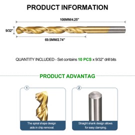 METALLIXITY 7.144mm Drill Bit (9/32") 10Pcs, 4241 High-Speed Steel Straight Shank Titanium Nitride (TiN) Coated 118° for Wood Plastic Iron Copper Aluminum Low Soft Metal