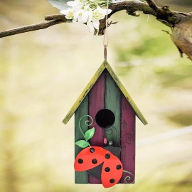 Bird Wooden Decorative Hanging Bird House Hand Painted Birds Box with (Ladybug)