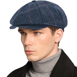 Men’s Woolen Newsboy Cap Tweed Gatsby Ivy Cabbie Flat Twill Golf Hat Present for Fathers Women Unisex Herringbone Golden Plaid XL