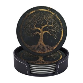BOXIMIAO Drink Coasters with Holder Stand Set of 6, Marble Gold Tree Pu Leather Absorbent Coasters with Cork Base Table Coaster Round Coasters for Housewarming Apartment Kitchen Bar Decor
