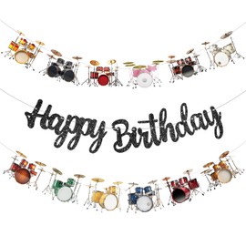Drum Birthday Party Banners Music Drum Birthday Party Decoration Black Glitter Happy Birthday Banners for Drum Theme Birthday Party Drummer Birthday Party Baby Shower Supplies