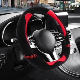 Binsheo 14 inch Furry Cute D Shaped Steering Wheel Cover, Soft Fluffy Short Plush Auto Accessories, Non-Slip Cold-Proof Sweat-Proof Colorfast(Black with Red)