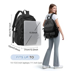 Aesthetic Black School Backpack for Women Men College Backpack With Lots Of Pockets Waterproof Travel Casual Daypack Cute Bookbag For Teens Girls Boys High School Bag