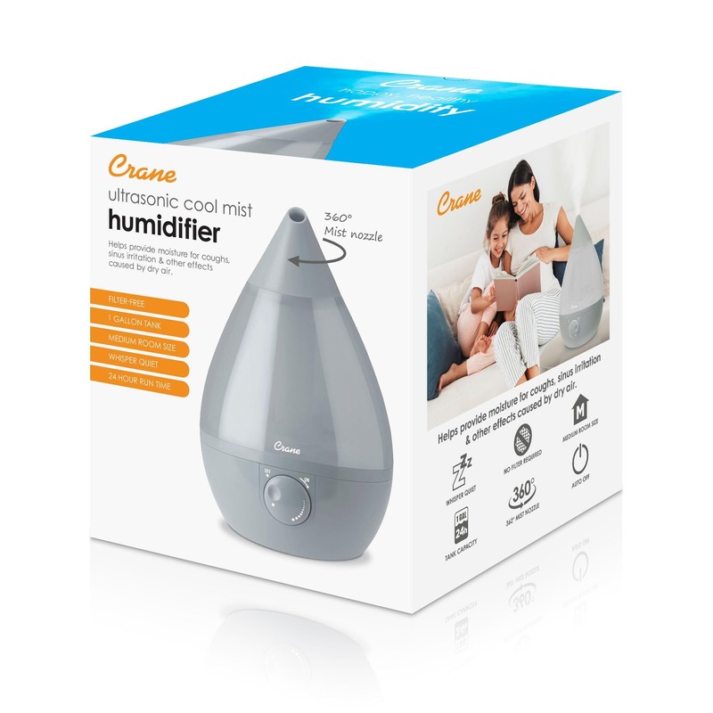 Crane Ultrasonic Teardrop Cool Mist Humidifier, Large 1 Gal Tank,