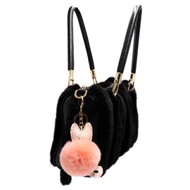 surell Rex Rabbit Fur Cat Pom Pom Key Chain - Faux Leather Glitter Ears and Tail - Bag Purse Charm - Gold Ring Fluffy Fur Ball - Fashion Gift (Salmon)