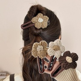 Duckar Hair Clips, Set of 3, 3 Colors, Large, Yarn, Flower Design, Firmly, Works with Thick Hair, Hair Accessory, Stylish, Simple, Cute, Work, Going Out, Gift