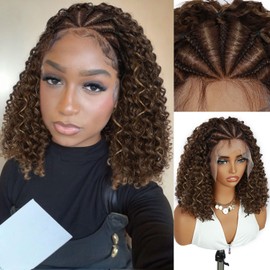 Fancy Hair Braided Wig Cornrow with Curly Hair Wig HD Lace Front Wig with Baby Hair Pre Plucked Glueless Transparent 13x4 Inch Brown Mixed Blonde Wig for Black Women