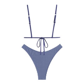 seamoly Women's Two Piece Bathing Suit Bow Tie Back Bikini Set High Cut Low Waisted Bikini Bottom Swimsuit Blue Gingham L