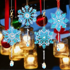 4 Pcs 5D Christmas Diamond Painting Kits DIY Point Drill Diamond Painting Wind Crystal Wind Chimes Kit Double Sided Snowflake Ornaments with Crystal Pendant for Home Garden Hanging Decor (Blue, White)
