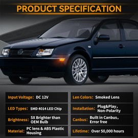 Front Bumper LED Side Marker Light Blinker Signal Lamp Compatible With V-olkswagen1999-2005 G-OLF MK4、JETTA MK4,2000-2003 GTI/R32 MK4,1999-2002 CABRIO Replace OEM Amber Sidemarker Lamp Smoke Lens