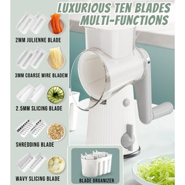 BSFRNF 5 In 1 Rotary Cheese Grater Vegetable Slicer for Kitchen, Carrot Shredder Tool-Food Shredders with 5 Sets Interchangeable Blades And Strong Suction Base (White)