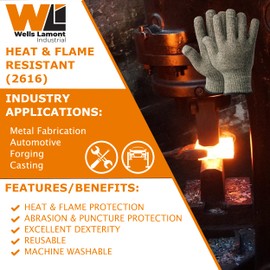 WELLS LAMONT INDUSTRIAL Heat & Flame Resistant Work Glove (XL, Single) | Para-Aramid - Metal Fabrication, Automotive | ANSI Rated: Cut A7, Abrasion 2, Puncture 3, Heat 5, Flame Resistance 4