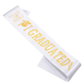 PENTA ANGEL Class Of 2025 Sash Finally Graduated 2025 Senior Cheerleader Satin Sash with Gold Letters for Celebration Graduation Party (White)