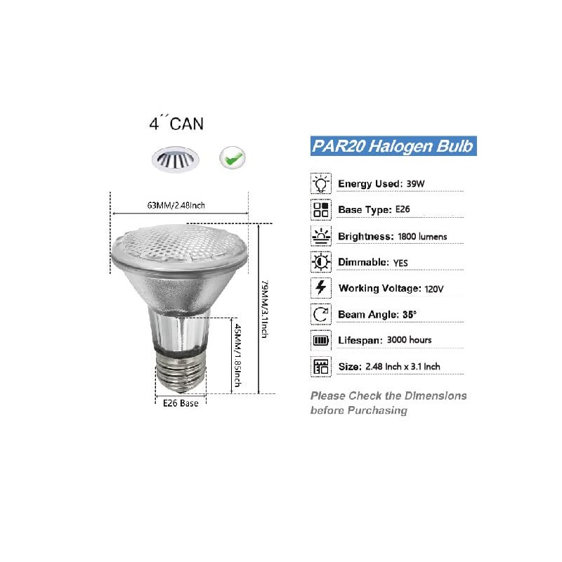 LuxGallerri PAR20 Halogen Light Bulbs 6 Pack 120V 39w Dimmable