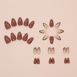 Press On Nails Almond Short Square Ballet Shaped, Cute Design Flower Bow Fake Nails, Stick On Nails,Glue on Nails on 24PCS (Brown Leopard French)