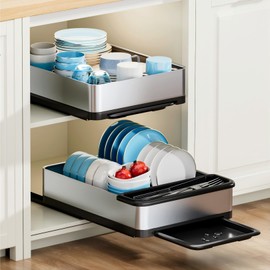 Ewaiira Stainless Steel Dish Drying Rack with Drainboard, Pull Out Cabinet Organizer 12.6" Wx16.5 D, Heavy Duty Slide Out Drawers for Plates, Kitchen Cabinets Pantry Storage