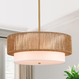 Tunkayli 19" Bamboo Rattan Chandelier Hand-Woven Hanging Light Fixture Golden Drum Chandelier with Fabric Shade Vintage Farmhouse Bamboo Wicker Light Fixtures for Dining Room, Kitchen, Living Room