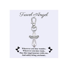 Ralukiia Safe Travels Pearl Angel Charm Keychain – Travel Blessing Good Luck Guardian Angel, Protection Pearl Charm for Backpack, Luggage, Car, Gift for Travel Lovers
