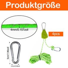DITK-U Pack of 4 Lightweight Guy Rope, Tent Cord, Reflective Tent Rope with Tensioner Adjuster for Outdoor Camping, Tents, Awnings, Load Capacity 68 kg (4 mm x 4 m) Green