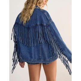Omoone Women's Oversized Denim Fringed Jacket Mid Long Jean Jackets Fall Outfits 2025 with Pockets (DenimBlue-XL)