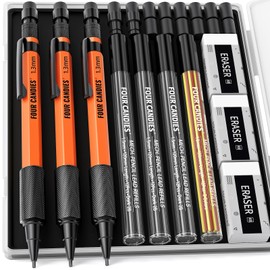 Four Candies 3PCS 1.3mm Mechanical Pencil Set with Case, Metal Heavy Duty Carpenter Pencils with 48 Refill(Red,Black,Yellow) 3Eraser, 12Eraser Refill, Weatherproof Body Outdoor Woodworking Marking
