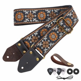 Nefelibata Guitar Strap,Jacquard Embroidery Cotton Guitar Straps with Crazy Horse Leather Leather Ends for Bass, Electric & Acoustic, Best Gifts for Kids, Guitarists(Retro yellow flower embroidery)